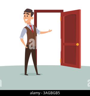 Benvenuto a casa. l'uomo invita ad entrare ha aperto la porta. immagine del concetto vettoriale Illustrazione Vettoriale