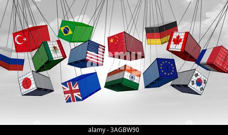 Guerra commerciale globale e tariffe internazionali con container merci contrapposti in conflitto come crisi economica e disputa fiscale sulle importazioni ed ex Foto Stock