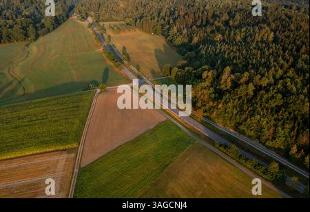 Vista aerea del drone all'alba con una strada che passa tra campi agricoli e foreste Foto Stock