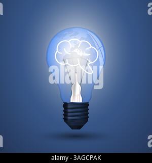Illustrazione vettoriale di una lampadina luminosa con mappa terrestre, globo e cervello umano stilizzato all'interno. Idee globali, creatività, innovazione, perfetto per Illustrazione Vettoriale