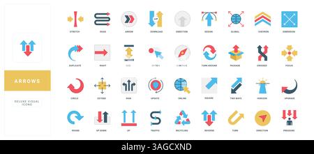 Direzione e dimensioni, navigazione rotonda e curva, frecce doppie e set di icone a colori dei pulsanti. Freccia su e giù, freccia digitale avanti e successiva e segnaletica stradale, illustrazione vettoriale piatta dritta e rotonda Illustrazione Vettoriale