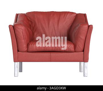 Poltrona in pelle rossa con gambe in metallo su sfondo trasparente 3d. Foto Stock