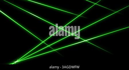 Raggi laser verdi intersecanti, strisce luminose. Illustrazione astratta isolata su sfondo nero. Foto Stock