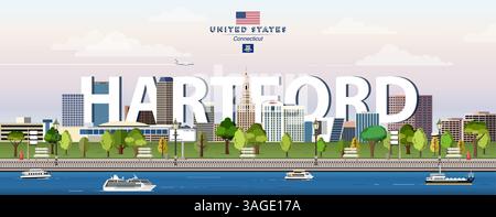 Illustrazione vettoriale colorata dello skyline di Hartford. Poster da viaggio Illustrazione Vettoriale