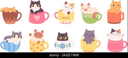 Gatti in tazze. Divertente gatto all'interno del cacao da caffè o della tazza da tè. Gattini cartoni animati Kawaii, adorabili e soffici animali domestici che riposano. Bevande dolci, bevande raccapriccianti Illustrazione Vettoriale