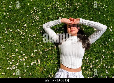 Ritratto di una giovane donna con i capelli scuri distesi sull'erba in una giornata di sole, direttamente sopra la vista Foto Stock
