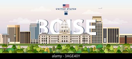 Illustrazione vettoriale colorata dello skyline della città di Boise. Poster da viaggio Illustrazione Vettoriale