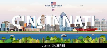 Illustrazione vettoriale colorata dello skyline della città di Cincinnati. Poster da viaggio Illustrazione Vettoriale