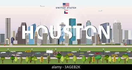 Illustrazione vettoriale colorata dello skyline di Houston. Poster da viaggio Illustrazione Vettoriale