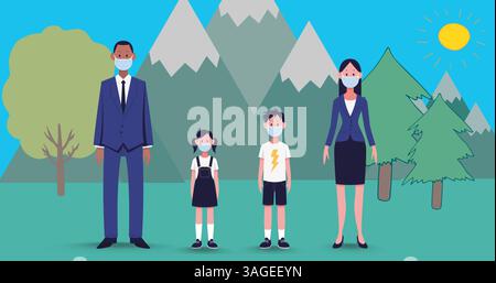Famiglia che indossa maschere all'aperto con montagne e alberi sullo sfondo Foto Stock