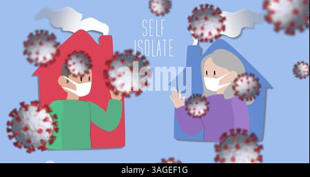 Immagine di Self isolate testo e cellule Covid-19 contro icone uomo e donna mantenendo distanc sociale Foto Stock