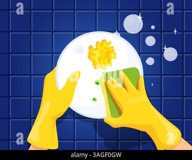 Lavastoviglie. Mano in guanti gialli con spugna lavare lavastoviglie sporche, pulizia della casa della cucina pulizia del lavoro igiene concetto cartone animato illustrazione vettoriale grafica originale Illustrazione Vettoriale