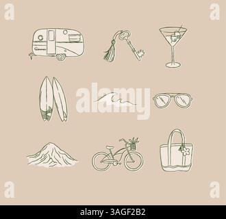 Icone di viaggio estive collezione auto rimorchio chiave vetro onde tavola da surf occhiali da sole mountain bike borsa da spiaggia disegno in stile grafico su backgroun marrone Illustrazione Vettoriale