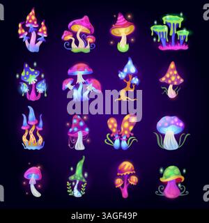 Funghi fantasia dei cartoni animati. Magico fungo allucinogeno alieno, bizzarre piante fantastiche albero fungo con melma insolito sgabello fiabesco gioco natura, stravagante illustrazione vettoriale grafica originale Illustrazione Vettoriale