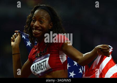 11 agosto 2012 - Londra, GBR - Brigetta Barrett degli Stati Uniti celebra il suo secondo posto nell'High Jump femminile alle Olimpiadi estive di sabato 11 agosto 2012 a Londra, Inghilterra. (Immagine di credito: © Nhat V. Meyer/San Jose Mercury News/MCT/ZUMAPRESS.com) Foto Stock