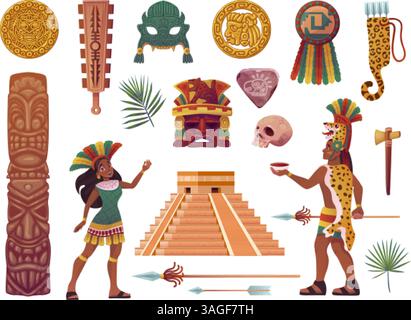 Civiltà Maya. Elementi della cultura inca degli aztechi Maya, messico perù teotihuacan antica archeologia artefatto statua dio indiano totem piramide, set di cartoni animati illustrazione vettoriale originale Illustrazione Vettoriale