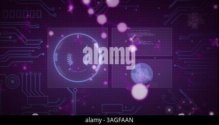 Immagine di una rete di connessioni su oscilloscopi, scansione ed elaborazione dei dati su schermi Foto Stock