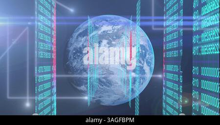 Immagine dell'elaborazione dei numeri e delle impronte biometriche sul globo su sfondo blu Foto Stock