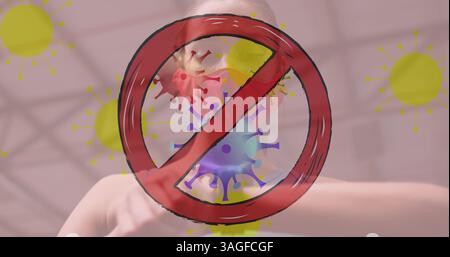 Stop Sign over covid-19 cellule che si muovono contro la donna che indossa la maschera facciale utilizzando smartwatch in palestra Foto Stock