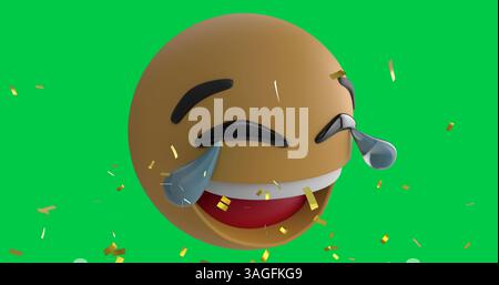 Immagine di coriandoli che cadono sull'icona emoticon sorridente sullo sfondo verde dello schermo Foto Stock