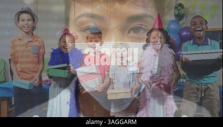 Immagine di donna asiatica in maschera per la protezione sopra i bambini che celebrano il compleanno Foto Stock