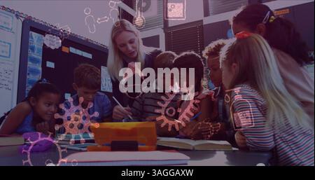 Immagine di Covid 19 celle e icone che fluttuano sulle scolaresche con la loro insegnante in classe Foto Stock