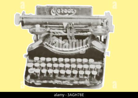 Macchina da scrivere retrò. Macchina d'epoca per tipo. Elemento collage in carta con ritagli di tendenza mezzitoni isolato su sfondo giallo, stile POP POT ART Polka Illustrazione Vettoriale