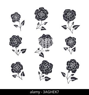 Set di fiori di rosa disegnato a mano in nero Illustrazione Vettoriale