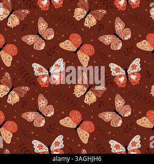 Farfalle senza cuciture. Sfondo boho vettoriale. Falene con ornamenti floreali, botanici e astratti sulle ali. Illustrati insetti stravaganti e. Illustrazione Vettoriale