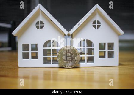 un bitcoin tra due case, concetto , bitcoin contro stato reale come investimento Foto Stock