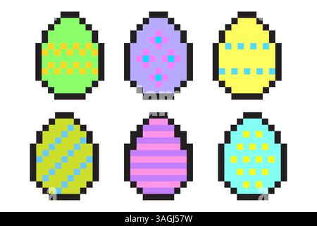 Uova di Pasqua pixel. Design digitale per le vacanze. Decorazioni colorate per le feste. Grafica pixel retrò. Illustrazione Vettoriale