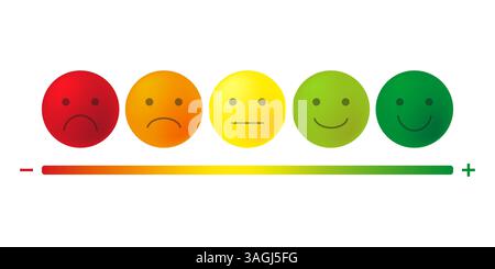 Emoticon multicolore sulla soddisfazione. Gradiente di transizione colorato. Spettro di sentimento vettoriale. Cinque cerchi espressivi. Illustrazione Vettoriale