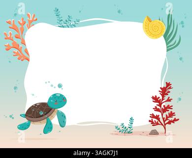 Cornice vettoriale con elementi di tartaruga e mare, isolata su bianco Illustrazione Vettoriale
