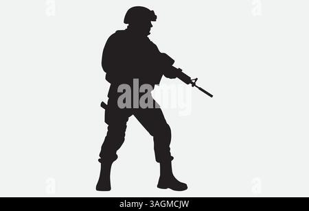 Una silhouette da soldato su sfondo bianco Illustrazione Vettoriale