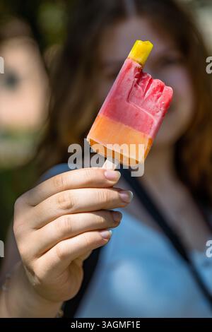Le ragazze tengono a mano il gelato di papaveri alla frutta rossa gialla morsa sul bastoncino di legno. Fragola, ciliegia, arancia, mango. Soleggiata giornata estiva nel parco. Foto Stock