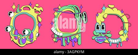 Cornici psichedeliche degli anni '70: Creature bizzarre e colorate al neon, forme che si fondono decorate con occhi e sorrisi, stelle e forme ondulate. Elementi di bordo originali in stile trippy per un design retrò. Illustrazione Vettoriale