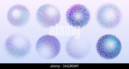 Forme sferiche granulose impostate in varie tonalità di blu e viola: Particelle circolari che formano timbri rotondi. Cerchi punteggiati mezzitoni, lobi sfumati irrigiditi - elementi decorativi astratti. Illustrazione Vettoriale