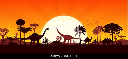I dinosauri preistorici si presentano sullo sfondo vettoriale del tramonto. Animali dino giurassici con alberi e piante preistoriche della foresta della giungla, montagne e tramonto all'orizzonte. Sagome di dinosauri estinti Illustrazione Vettoriale