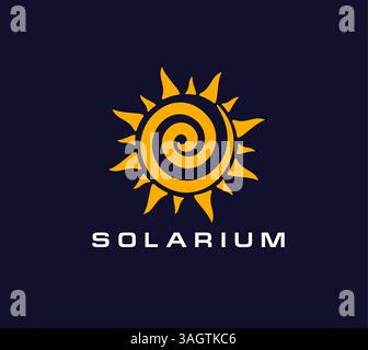 Icona solarium per il salone abbronzante, simbolo del sole sulla spiaggia estiva per SPA, emblema vettoriale. Icona solarium del sole a spirale per la bellezza e la cura della pelle, marchio di cosmetici o studio abbronzante e resort estivo Illustrazione Vettoriale