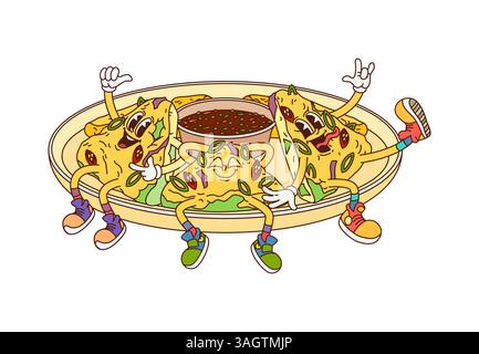 Pancake salati in pajeon di cartoni animati, personaggi della cucina coreana con volti espressivi, scarpe da ginnastica e pose giocose si siedono su un piatto con salsa subacquea, incarnando gioia e una festosa esperienza culinaria asiatica Illustrazione Vettoriale