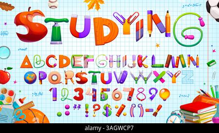 Font per l'educazione dei cartoni animati, carattere per bambini scolastici, tipo tipografico creativo, alfabeto inglese divertente. Vector Educational abc presenta lettere create con materiali scolastici, promuovendo l'apprendimento divertente per i bambini Illustrazione Vettoriale