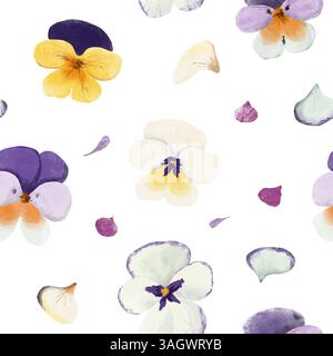 Motivo floreale senza cuciture con fiori e petali di viola (pansy) disegnati a mano. Texture acquerello, grafica raster. Colori giallo, viola, crema e arancione Foto Stock