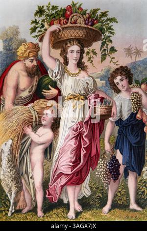 Illustrazione che porta i primi frutti a Gerusalemme (Ezechiele) Processione dei pellegrini vendicali che marciano fino a Gerusalemme con il meglio del primo frutto Foto Stock