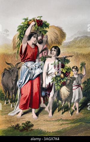 Illustrazione che porta i primi frutti a Gerusalemme (Ezechiele) Processione dei pellegrini vendicali che marciano fino a Gerusalemme con il meglio del primo frutto Foto Stock