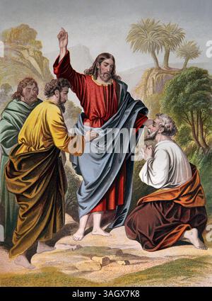 Illustrazione di Gesù Cristo fa sentire (Marco) l'uomo sordo dalla Bibbia Sacra del XIX secolo Antica la Bibbia di famiglia autointerpretante di Brown contenente t Foto Stock