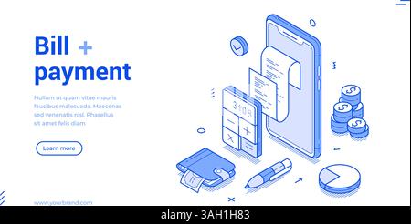 Servizio di pagamento fatture pagamento pagamento pagamento pagamento applicazione smartphone immagine vettoriale banner Web isometrica. Cifra della ricevuta della fattura bancaria finanziaria Illustrazione Vettoriale