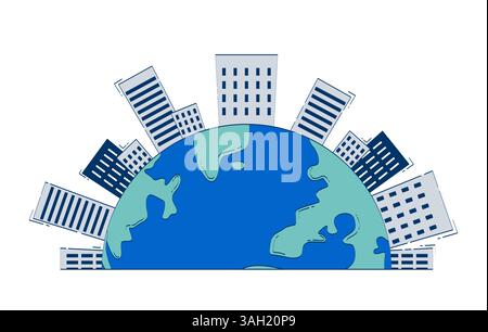 Terra con skyline cittadino mezzo globo oggetto doodle 2D. Illustrazione Vettoriale