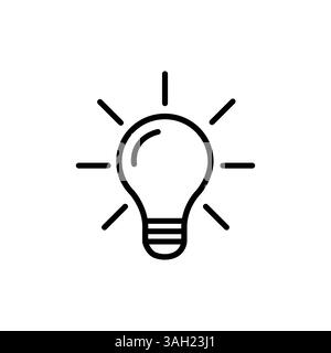 icona della lampadina nera. Elemento di design logotipo isolato su bianco. concetto di pittogramma informativo visionario o simbolo di conclusione Illustrazione Vettoriale