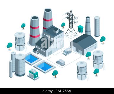 isometrico di fabbrica a colori su sfondo bianco, centrale elettrica o edifici industriali Illustrazione Vettoriale