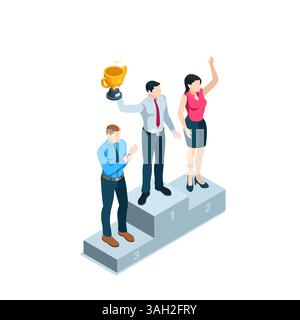 uomini d'affari isometrici su piedistallo e vincitore con trofeo a colori su sfondo bianco, vincitore del concorso o migliore alla fine Illustrazione Vettoriale